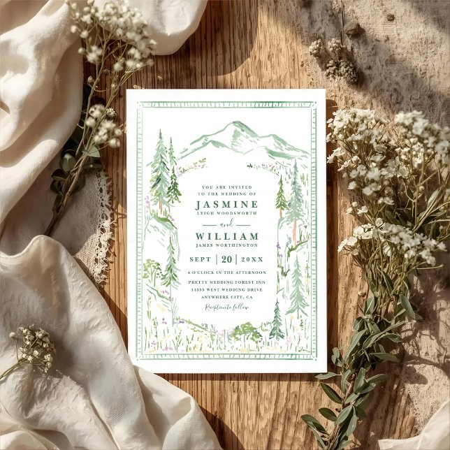 Convite Mountain Forest Trees Rustic QR Code Wedding (Criador carregado)