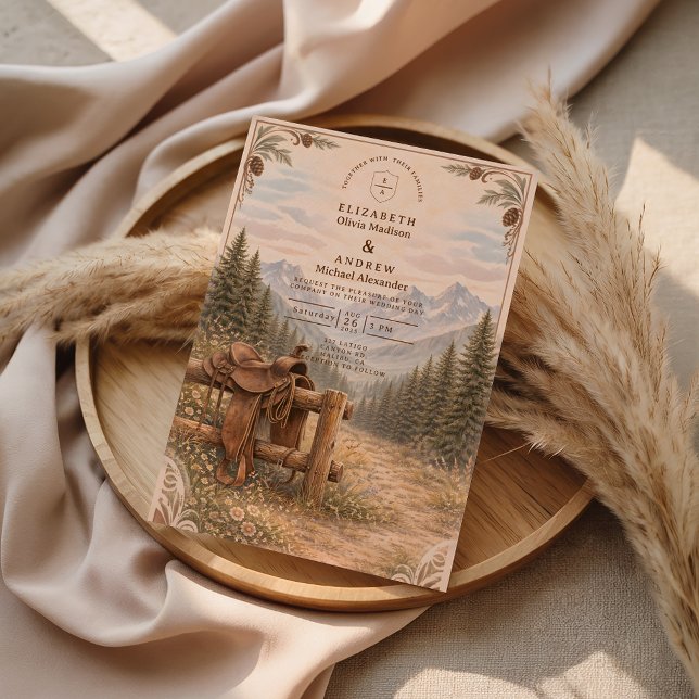 Convite Mountain Forest Western Saddle Wedding (Criador carregado)