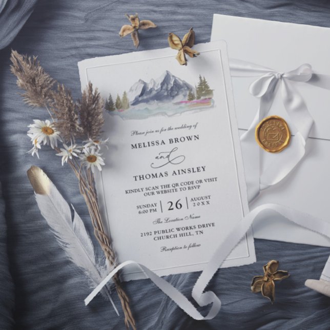 Convite Mountain Lake Forest Rustic Budget QR Code Wedding (Criador carregado)