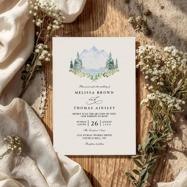 Convite Mountain Lake Forest Tree Rustic QR Code Wedding (Criador carregado)