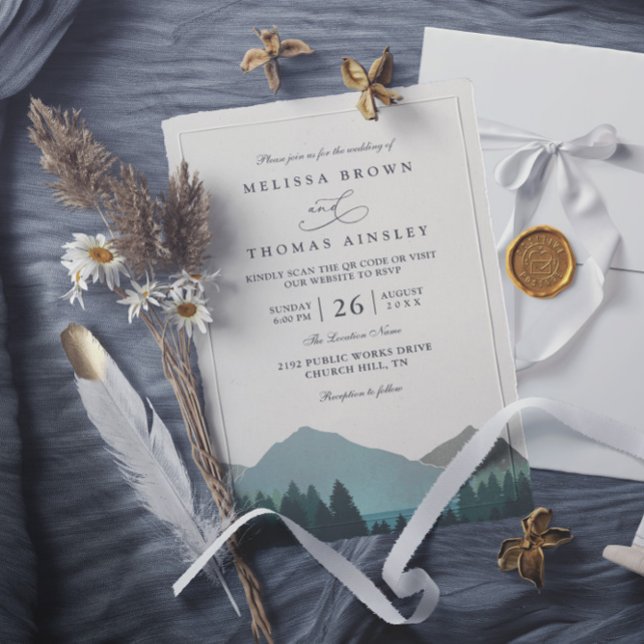 Convite Mountain Lake Forest Trees Pine QR Code Wedding (Criador carregado)