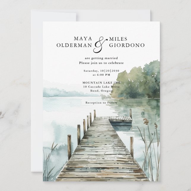Convite Mountain Lake Forest Watercolor Wedding (Frente)