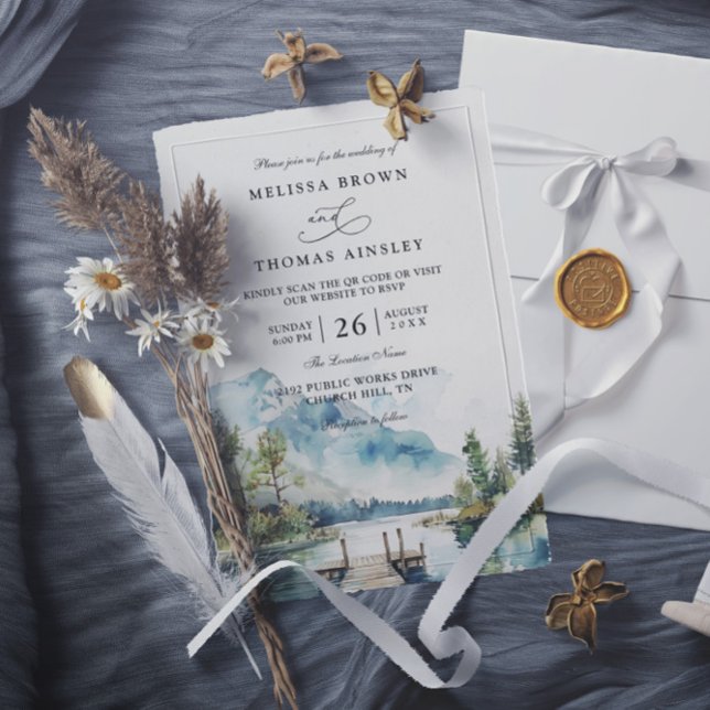 Convite Mountain Lake Watercolor Forest QR Code Wedding (Criador carregado)