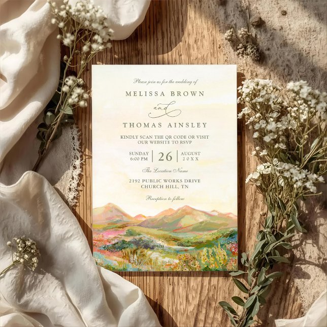 Convite Mountain Rustic Country Elegant QR Code Wedding (Criador carregado)
