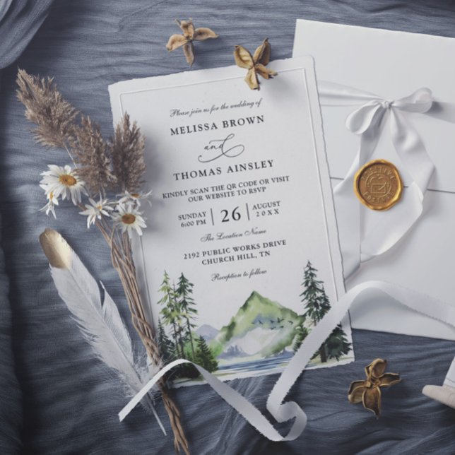 Convite Mountain Rustic Forest Budget QR Code Wedding (Criador carregado)