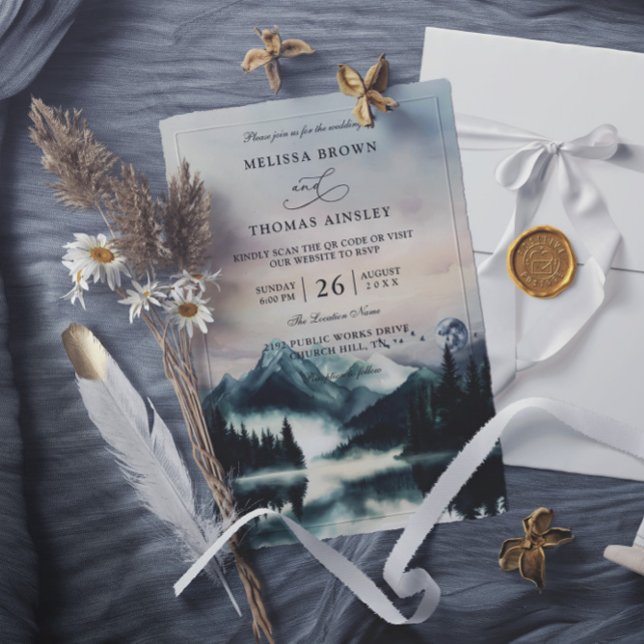 Convite Mountain Trees Pine Rustic Budget QR Code Wedding (Criador carregado)