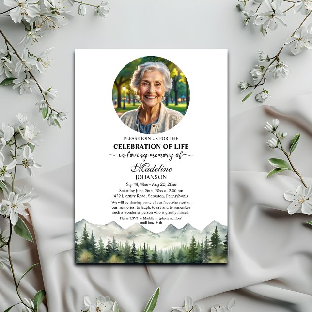Convite Mountains and Trees Celebration Of Life Funeral (Criador carregado)