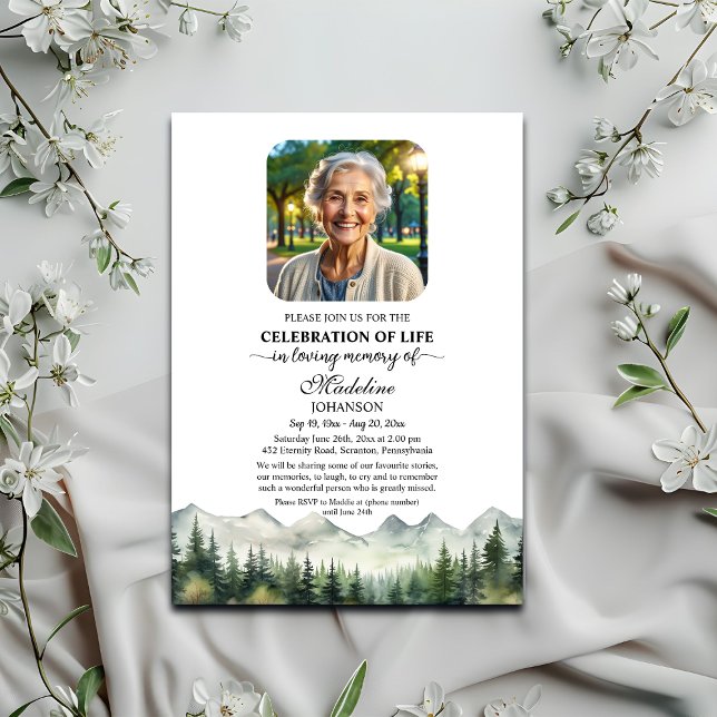 Convite Mountains and Trees Celebration Of Life Funeral (Criador carregado)