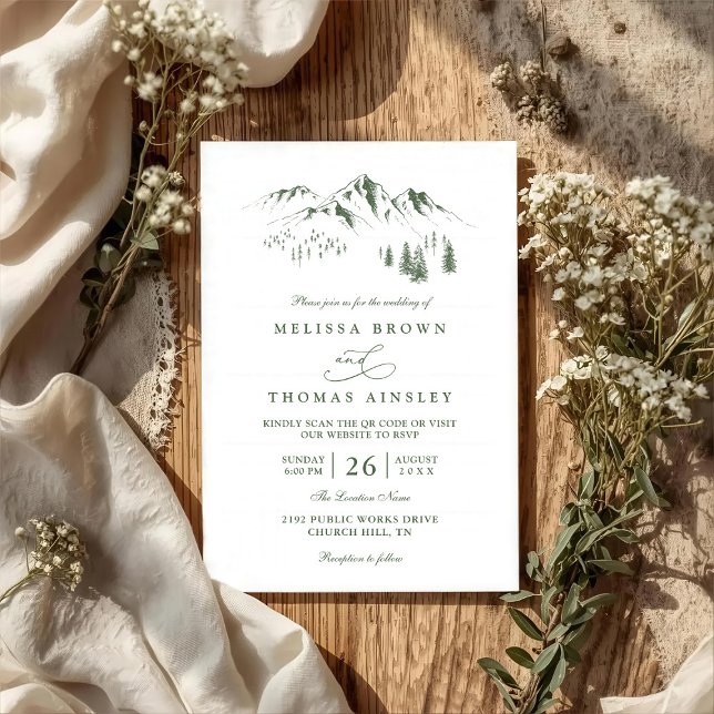 Convite Mountains Forest Trees Pine Rustic QR Code Wedding (Criador carregado)
