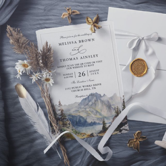 Convite Mountains lake Rustic Elegant QR Code Wedding (Criador carregado)