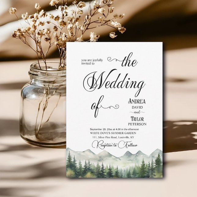 Convite Mountains Pines Elegant Calligraphy Wedding (Criador carregado)