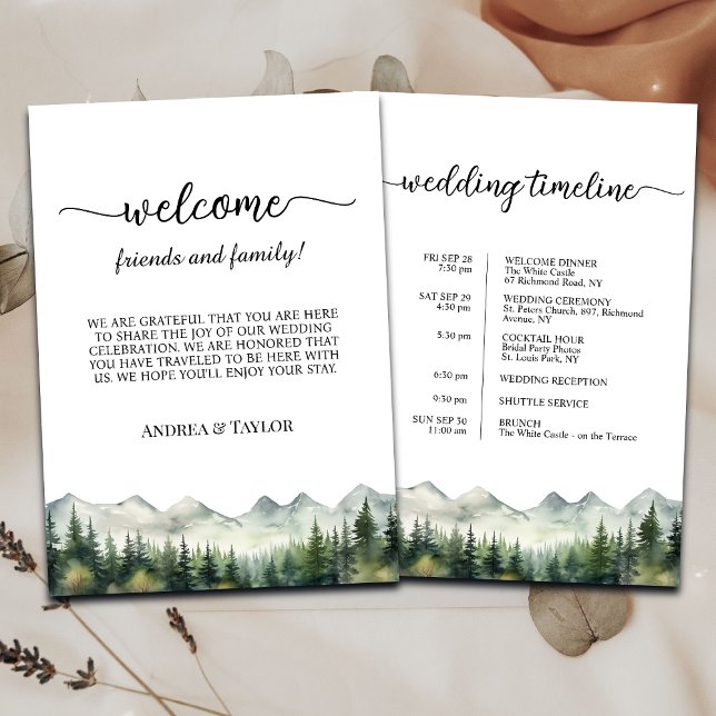 Convite Mountains Pines Wedding Bag Letter & Timeline Card (Criador carregado)