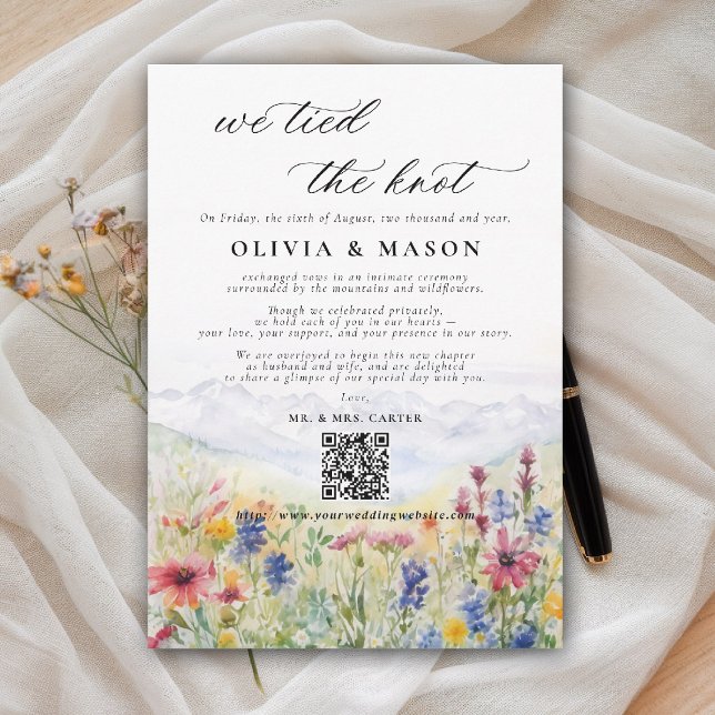 Convite Mountains Wildflowers Meadow Wedding Announcement (we tied the knot wedding announcement mountains wildflowers meadow modern calligraphy watercolor)