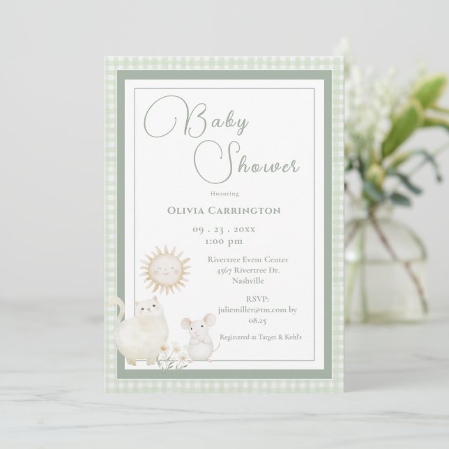 Convite Mouse Gingham Vintage Baby Shower (Em pé/Frente)