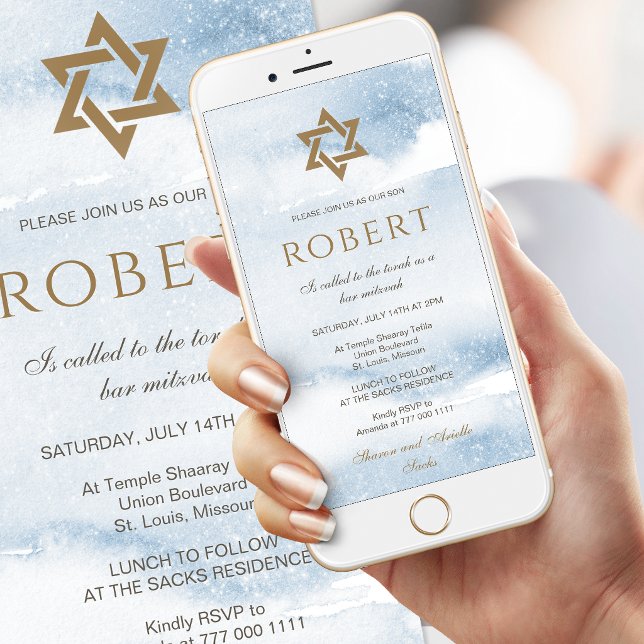 Convite Móvel Bar Mitzvah Aquarela Azul (Dusty Blue Watercolor Bar Mitzvah Mobile Invite)