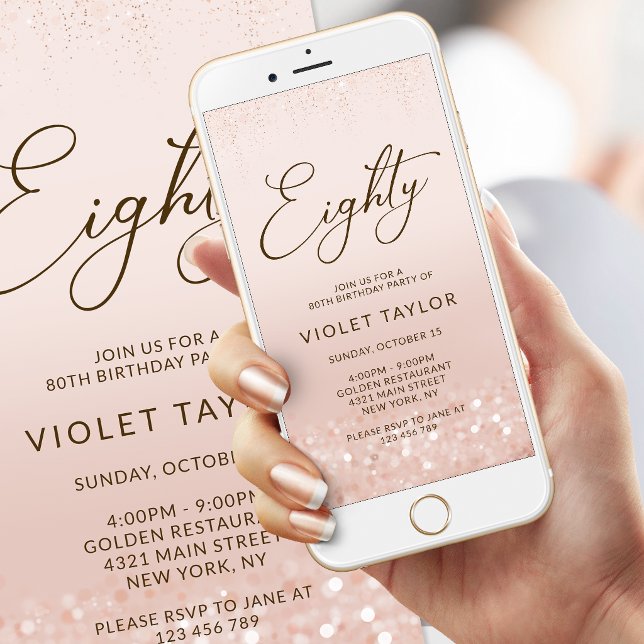 Convite Móvel de 80º Aniversário em Brilho de Ouro (Rose Gold Glitter 80th Birthday Mobile Invite)