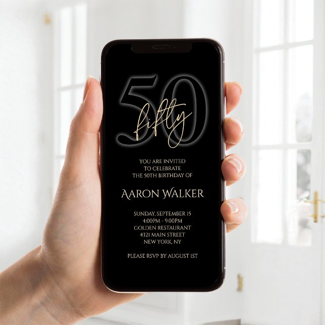 Convite Móvel de Aniversário de 50 anos Moderno Pr (Modern Black Gold 50th Birthday Mobile Invite)