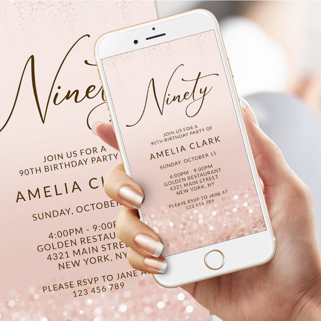 Convite Móvel de Aniversário de 90 anos em Brilho  (Rose Gold Glitter 90th Birthday Mobile Invitation)