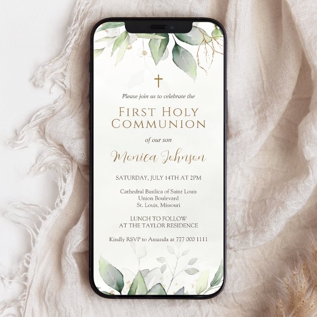 Convite Móvel de Primeira Comunhão com Aquarela de (Greenery Watercolor First Communion Mobile Invite)