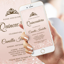 Convite Móvel de Quinceañera com Brilho em Rose Go