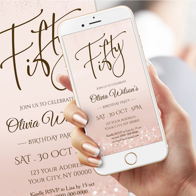 Convite Móvel Eletrônico Rosa Dourado para 50º Ani (Electronic Rose Gold 50th Birthday Mobile Invite)