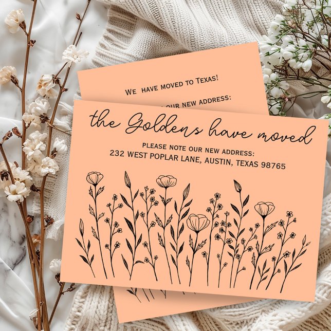 Convite MOVENDO ANÚNCIOS Flores Selvagens Personalizadas S (MOVING ANNOUNCEMENT Wildflowers Line Art Simple Custom Address Change New Home Card)