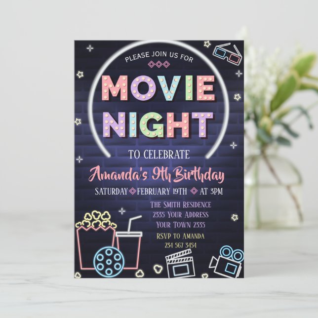 Convite Movie Night Birthday Invitation Under the Stars (Em pé/Frente)