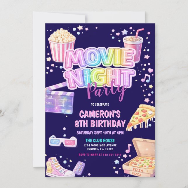 Convite Movie Night Birthday Party  (Frente)