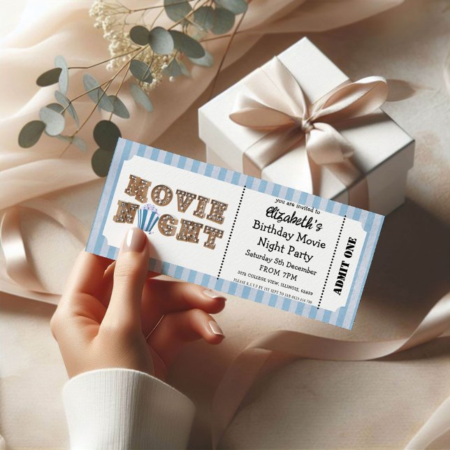 Convite Movie Night Birthday Party Blue Ticket Style  (Criador carregado)