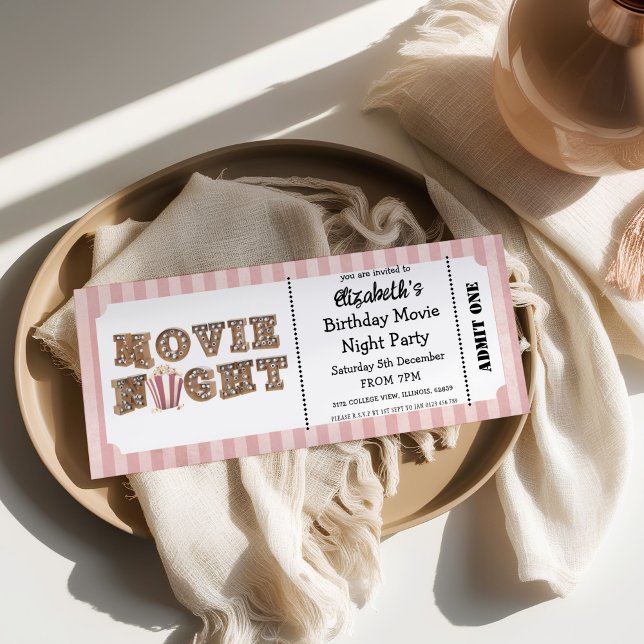 Convite Movie Night Birthday Party Pink Ticket Style  (Criador carregado)