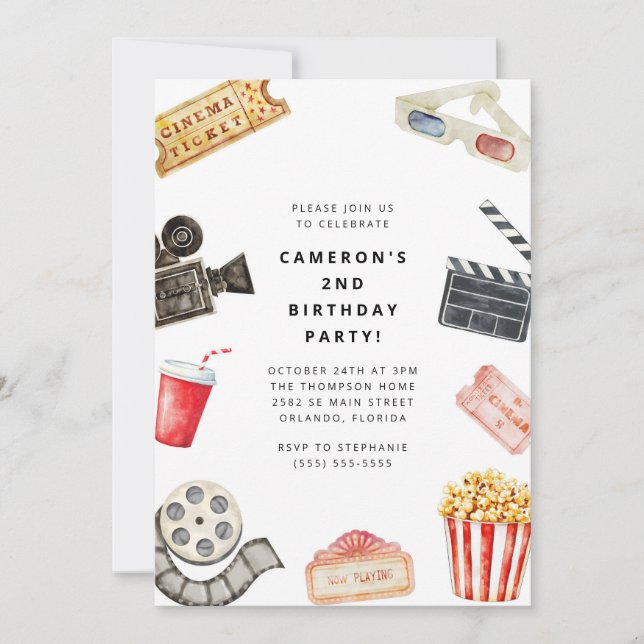 Convite Movie Night Kids Birthday Party Invitation (Frente)