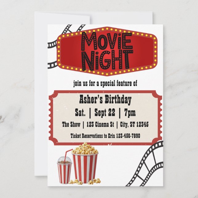 Convite Movie Night Special Feature Birthday (Frente)