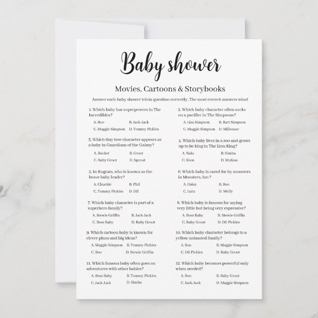 Convite Movies Cartoons Storybooks Baby Shower Trivia Game (Frente)