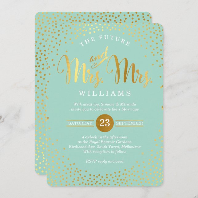 Convite MRS. & MRS. NA MODA WEDDING gold confetti (Frente/Verso)