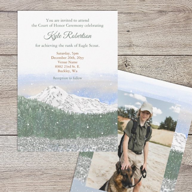 Convite Mt. Rainier, Eagle Scout, Court of Honor Ceremony (Eagle scout court of honor invitation with mountains, trees and snow landscape, photo on back)