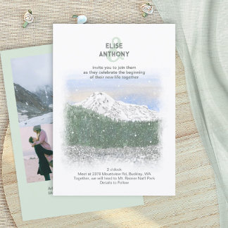 Convite Mt. Rainier, Falling Snow, Winter Green Wedding