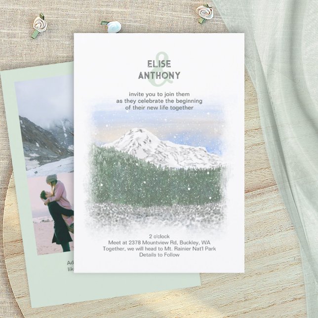 Convite Mt. Rainier, Falling Snow, Winter Green Wedding (Mt. Rainier, mountain wedding invitation card, light green dusty blue, pacific northwest theme)