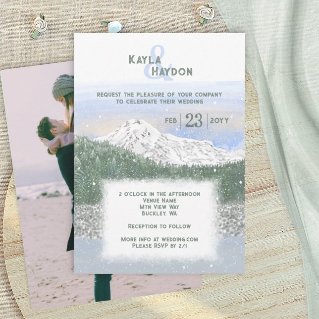 Convite Mt. Rainier, Falling Snow Winter Wedding (Mt Rainier National Forest, mountain wedding invitation card, snow, winter, pacific northwest)