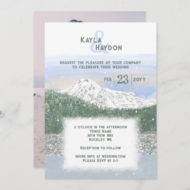 Convite Mt. Rainier, Falling Snow Winter Wedding (Frente/Verso)