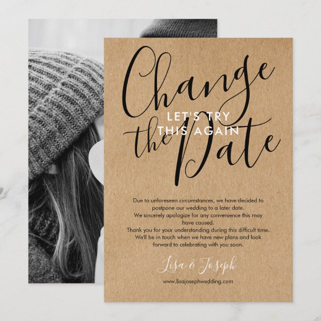 Convite Mudança de Data Adiada Cancelada Foto Rústica (Frente/Verso)