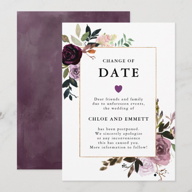 Convite Mudança de Data Casamento Floral Roxo Rosa Mauve (Frente/Verso)