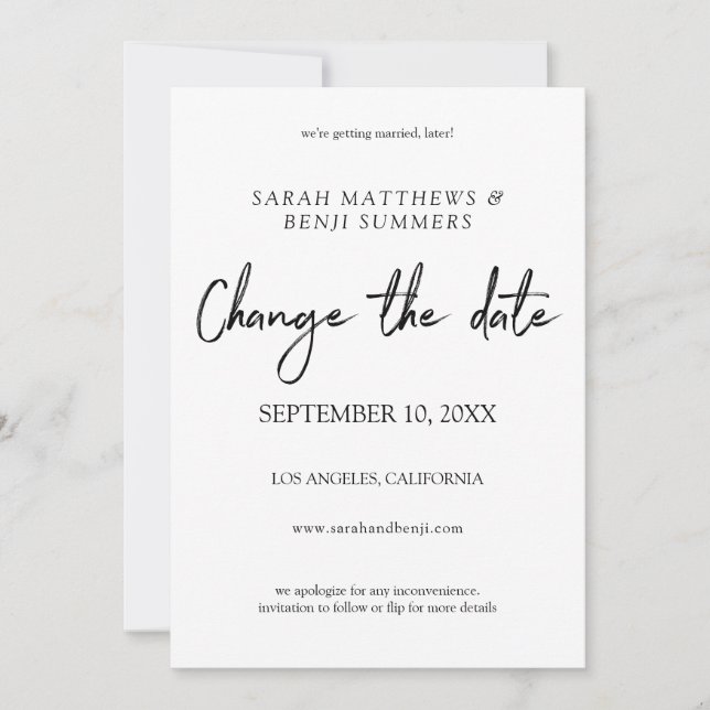 Convite Mudança de Data com Caligrafia em Preto e Branco - (Frente)