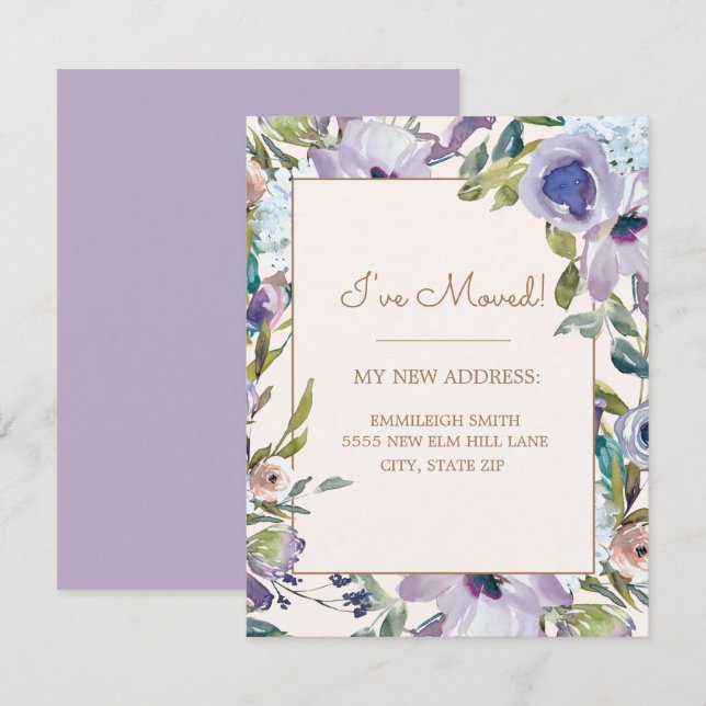 Convite Mudança de Endereço Floral Verde Elegante Roxo (Frente/Verso)