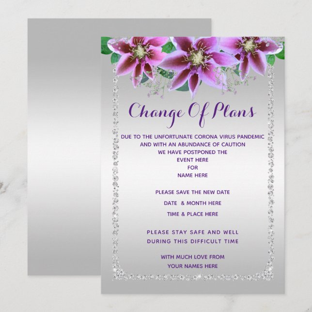 Convite Mudança de Planos com Diamantes e Flores Elegantes (Frente/Verso)