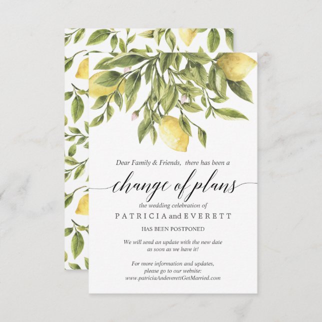 Convite Mudança de Planos de Casamento de Limões de Verão  (Frente/Verso)