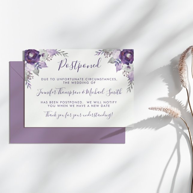 Convite Mudança de Planos de Casamento por Aquarela de Púr (Purple & Silver Watercolor Wedding Change of Plans Invitation)