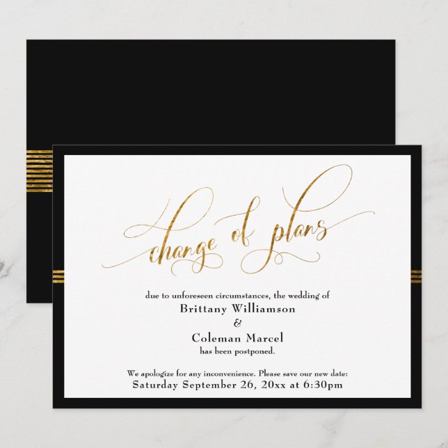 Convite Mudança de Planos Elegante Preto c/ Faixa Dourada  (Frente/Verso)