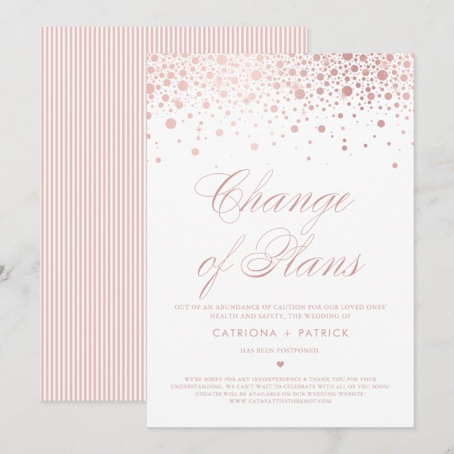 Convite Mudança de Planos Rose Gold Foil Confetti Adiado (Frente/Verso)
