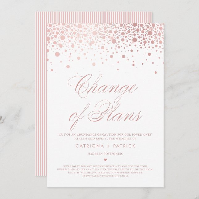 Convite Mudança de Planos Rose Gold Foil Confetti Adiament (Frente/Verso)