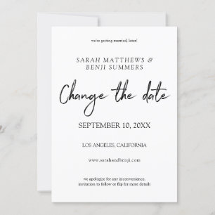 Convite Mudar a data da escrita à mão em branco e preto -